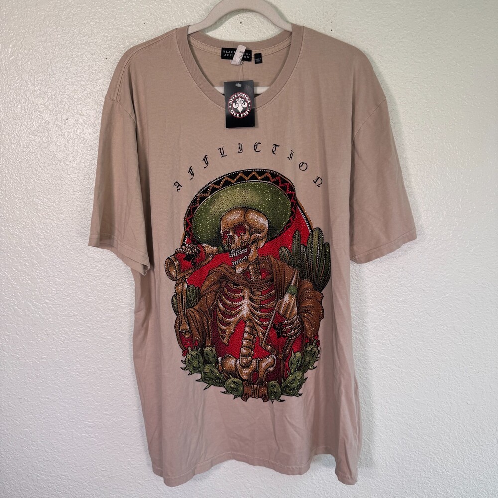 Affliction Shirt Mens 2XL Rhinestone Skeleton Drinking Graphic Grunge Y2K NEW